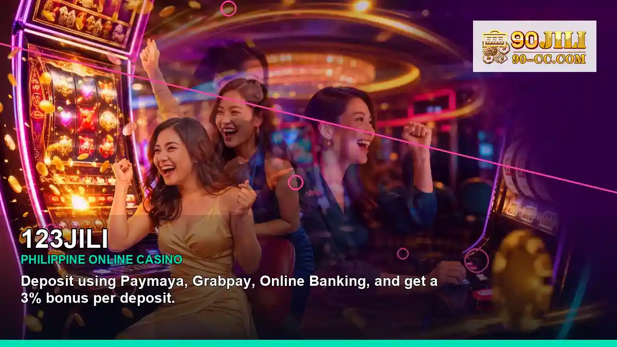 123JILI neon jackpot slot games featuring an adult Filipina casino host with a panoramic reel composition